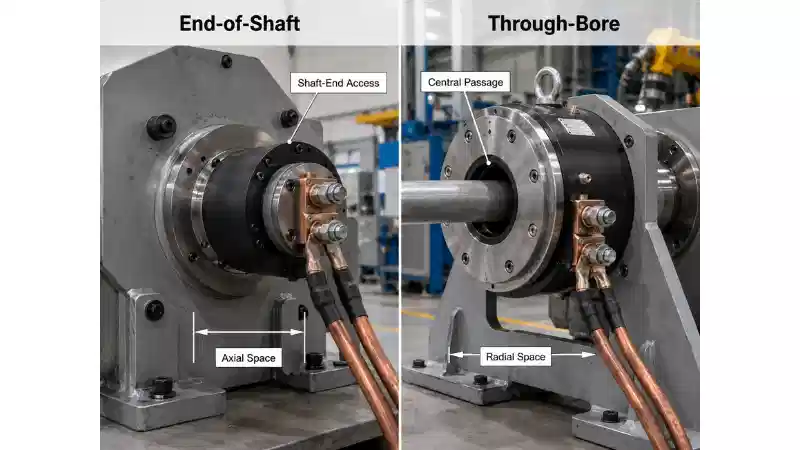 Comparison of end-of-shaft and through-bore high-current rotary ground mounting structures Comparison of end-of-shaft and through-bore high-current rotary ground mounting structures